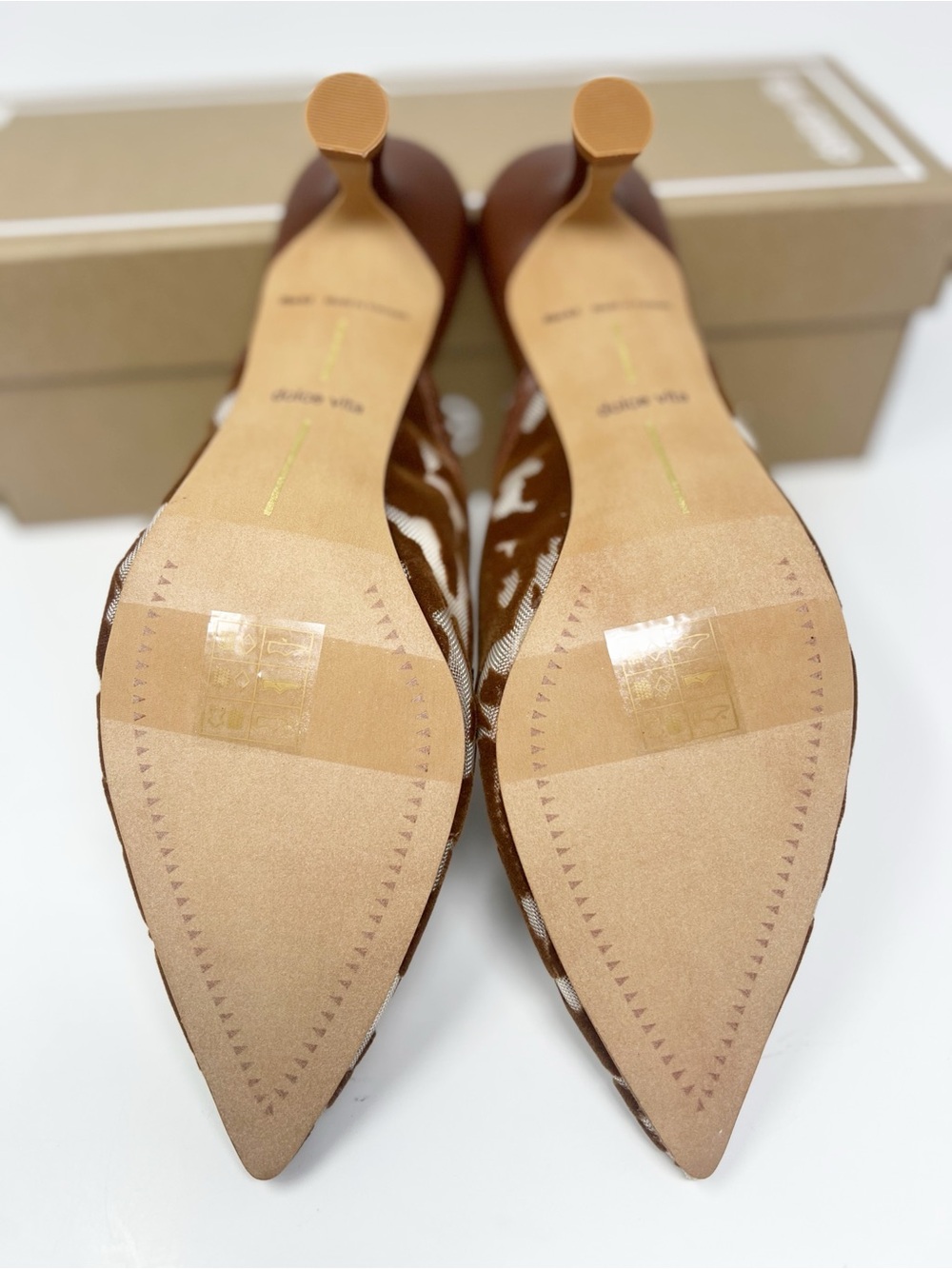 Dolce Vita Brown and Cream Cowhide Print Pointed Mule Heels - Picture 6 of 9